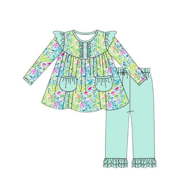 Pre-order Baby Girl Green Leaves Tops Ruffle Pants Outfit Set