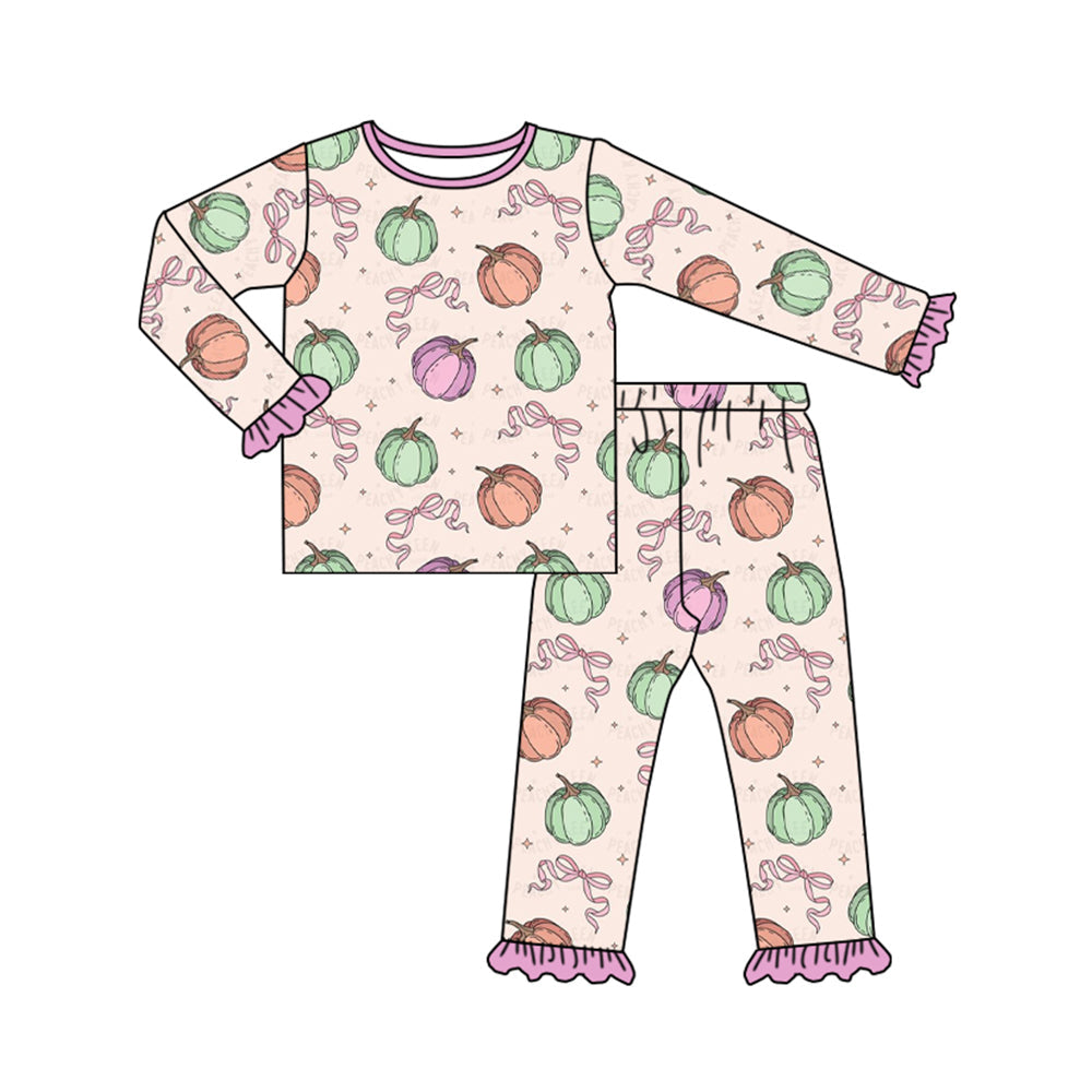 Pre-order Baby Girl Fall Bows Pumpkin Shirt Pants Pajamas Outfit Set