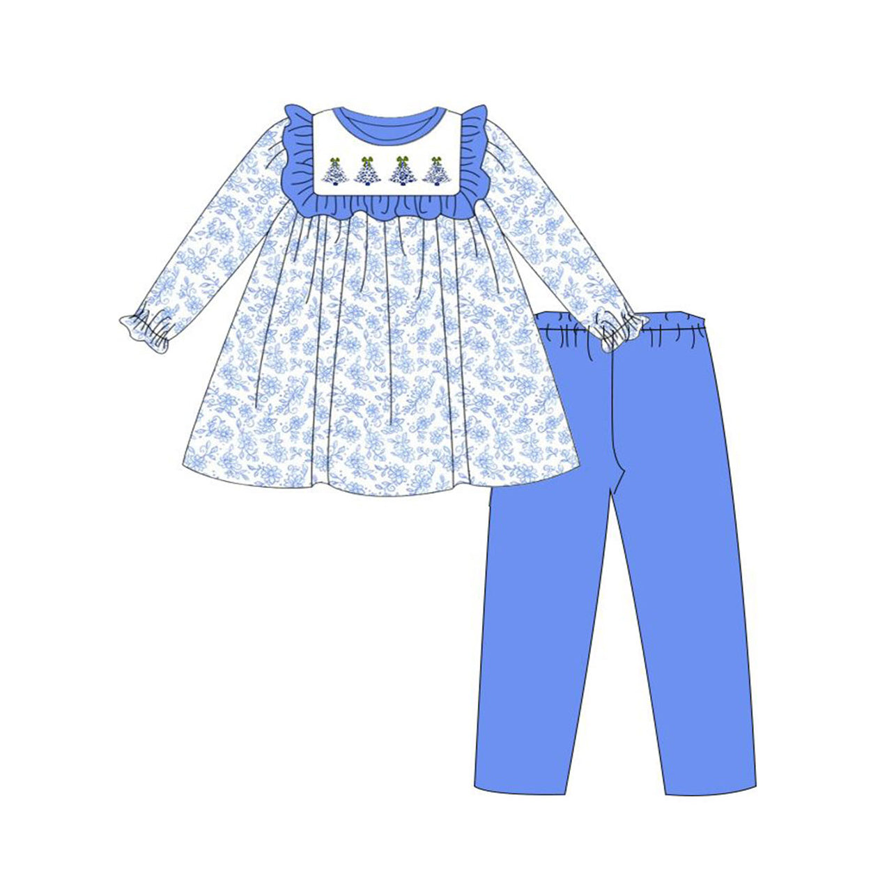 Pre-order Baby Girl Blue Flower Christmas Trees Tunic Pants Set