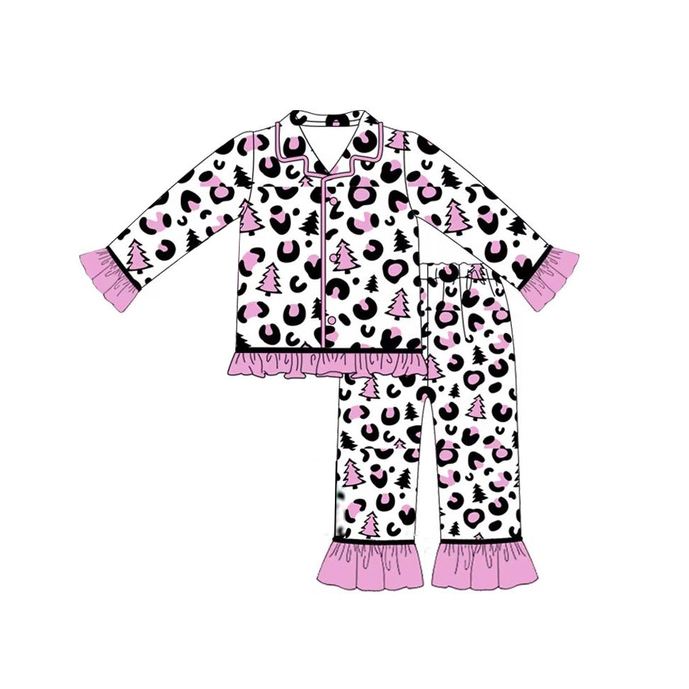 Pre-order Baby Girl Christmas Tree Leopard Buttons Shirt Pants Pajamas Set