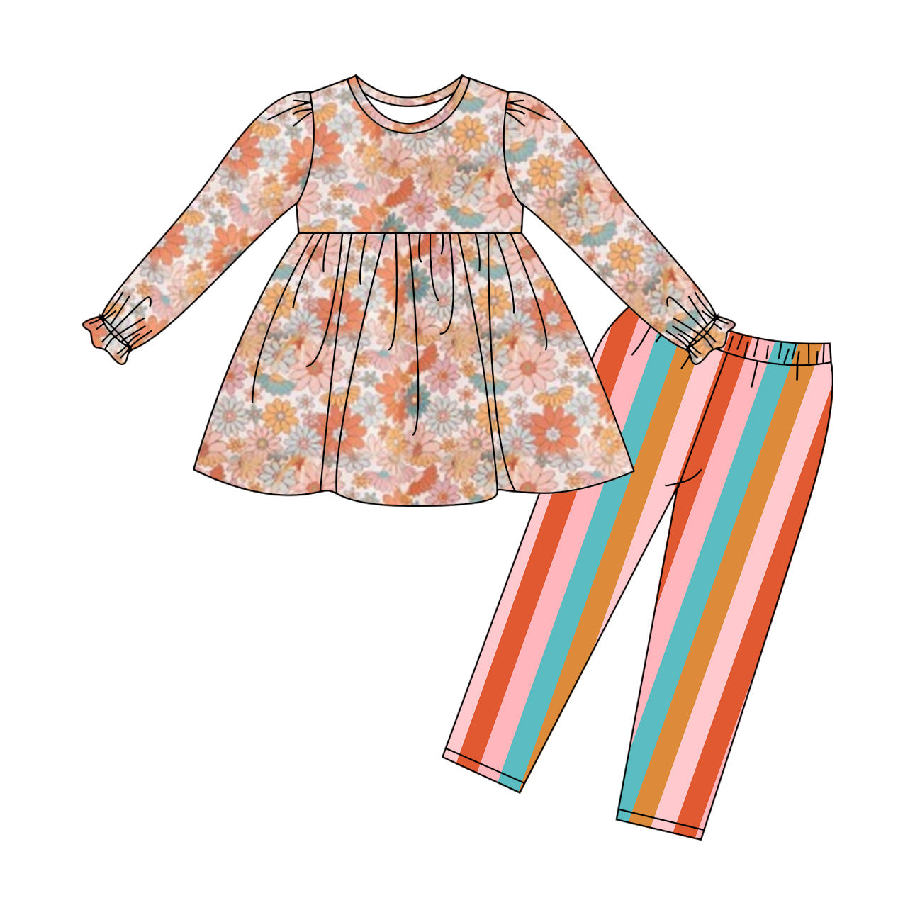 Pre-order Baby Girl Flower Tunic Stripes Pants Set