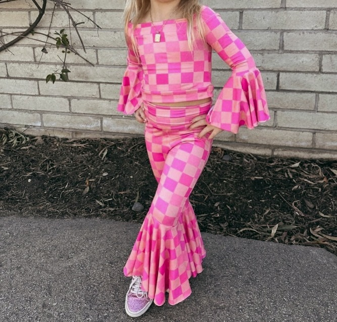 Pre-order Baby Girl Pink Checkered Tops Bell Pants Set