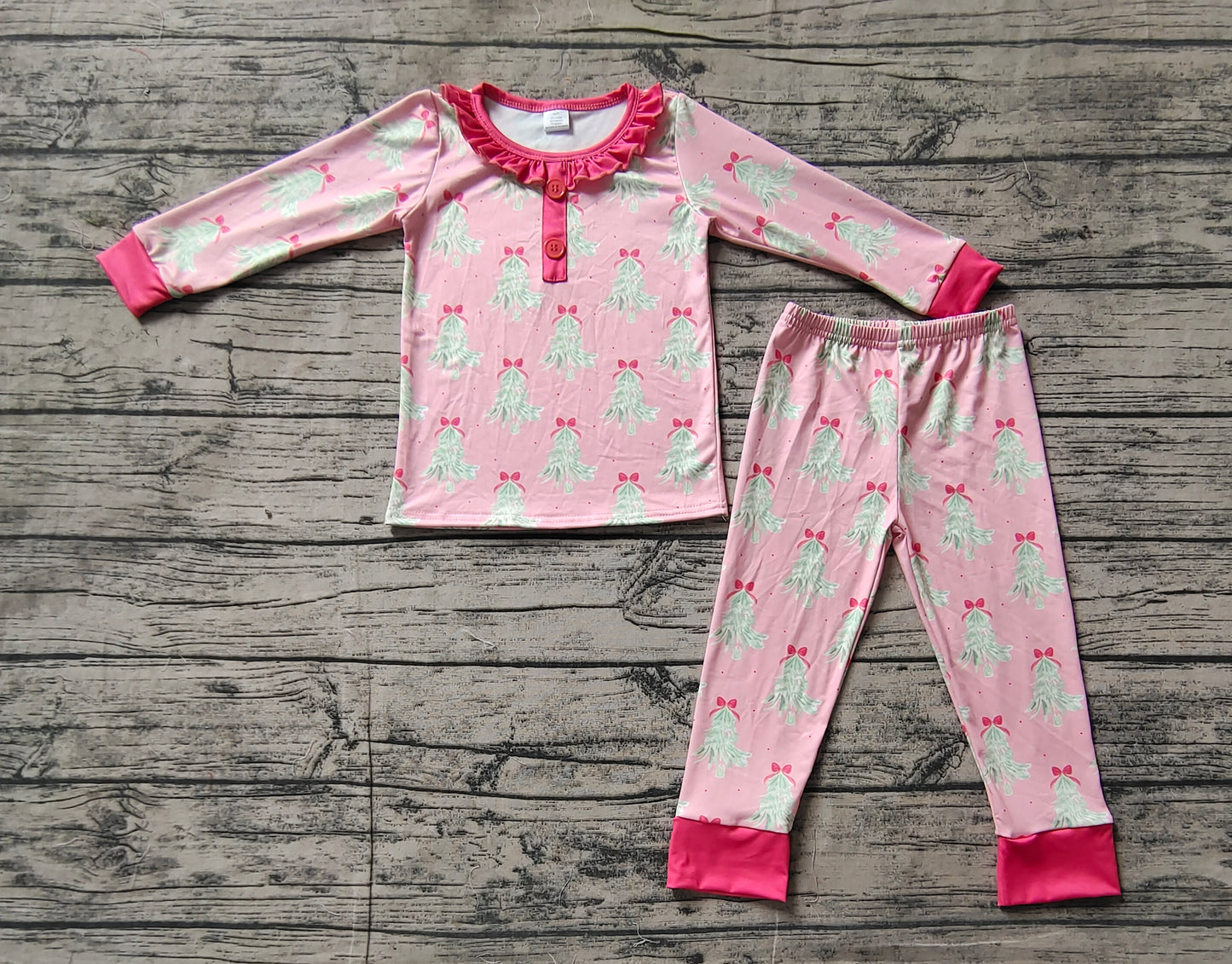 Baby Girl Christmas Trees Shirt Pants Pajamas Pink Bamboo Set