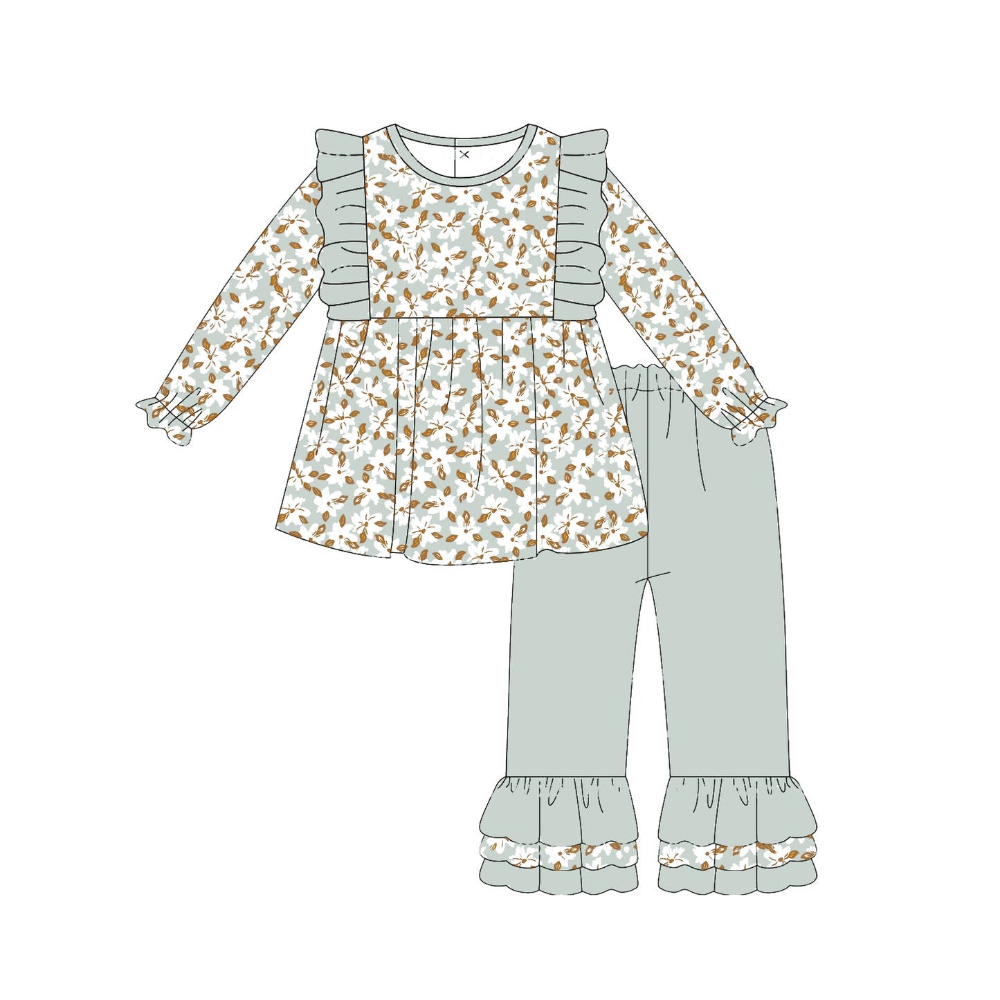 Pre-order Baby Girl Green Flower Tunic Ruffle Pants Set