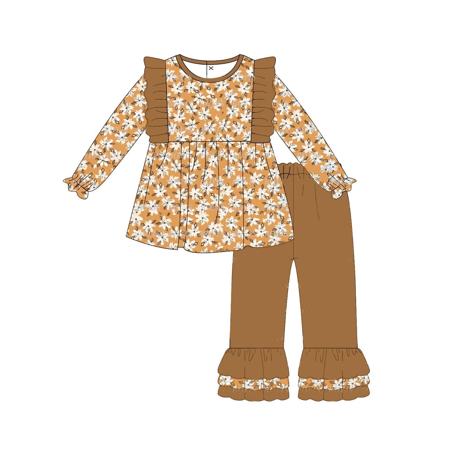 Pre-order Baby Girl Flower Tunic Ruffle Brown Pants Set