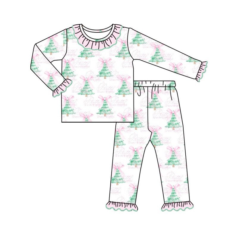 Pre-order Baby Girl Christmas Tree Bows Shirt Pants Pajamas Set