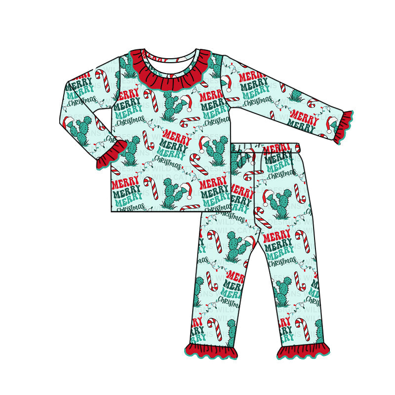 Pre-order Baby Girl Merry Christmas Cactus Shirt Pants Pajamas Set