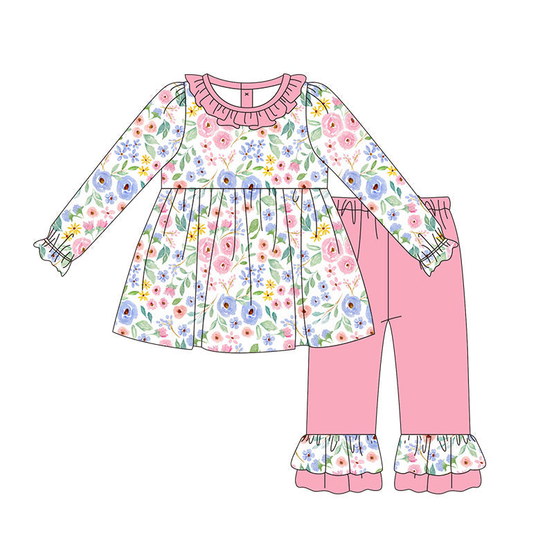 Pre-order Baby Girl Flower Tunic Ruffle Pink Pants Set