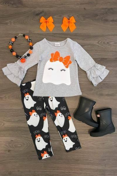 Pre-order Baby Girl Halloween Ghost Grey Tops Pants Set