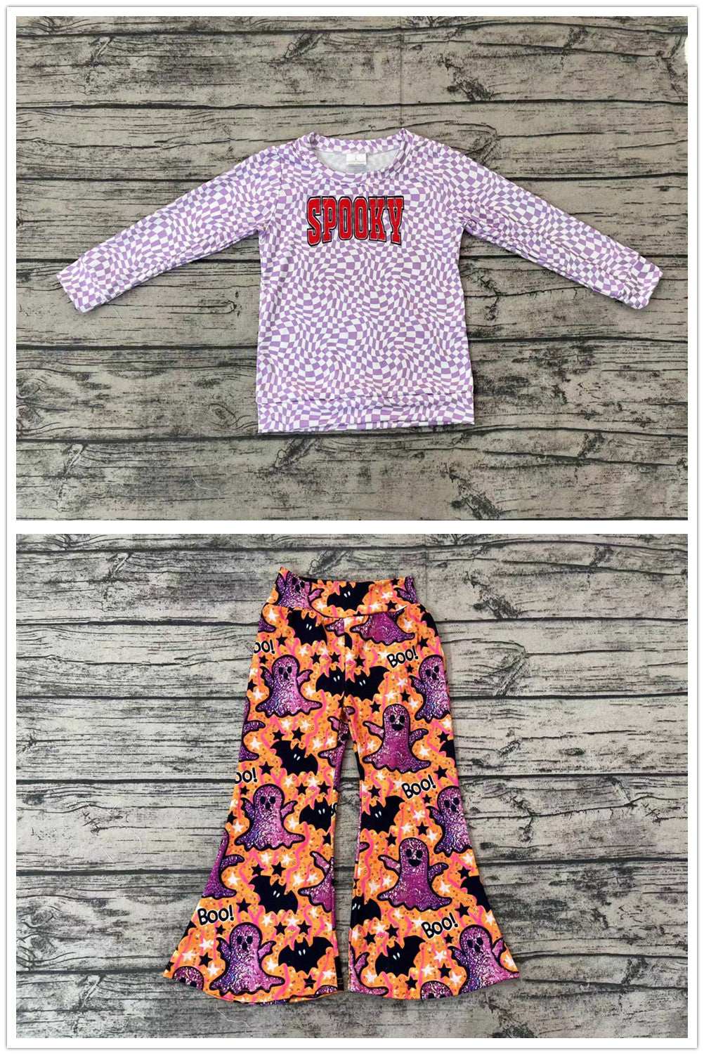 Pre-order Baby Girl Halloween Checkered Spooky Purple Tops Ghost Pants Clothes Set