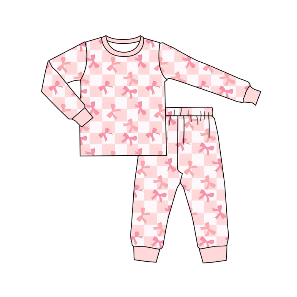 Pre-order Baby Girl Pink Checkered Bows Shirt Pants Pajamas Set