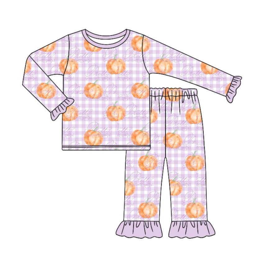 Pre-order Baby Girl Checkered Pumpkin Shirt Pants Pajamas Purple Set