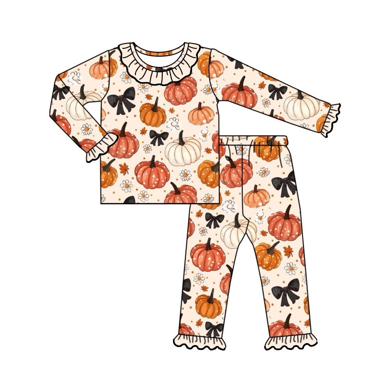 Pre-order Baby Girl Fall Bows Pumpkin Flower Shirt Pants Pajamas Set