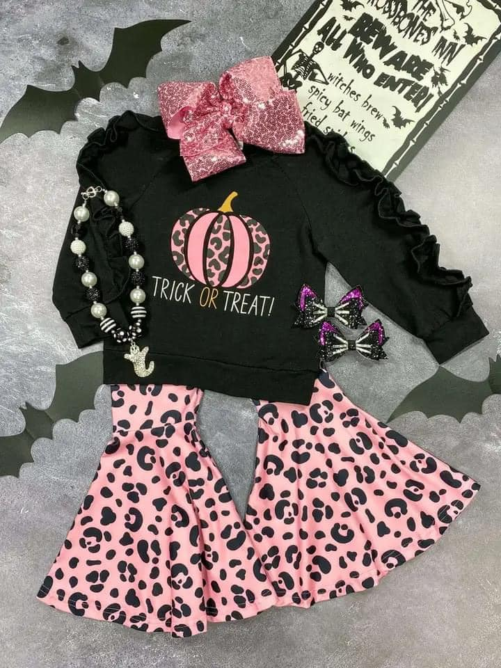 Pre-order Baby Girl Pumpkin Black Tops Leopard Pants Halloween Set
