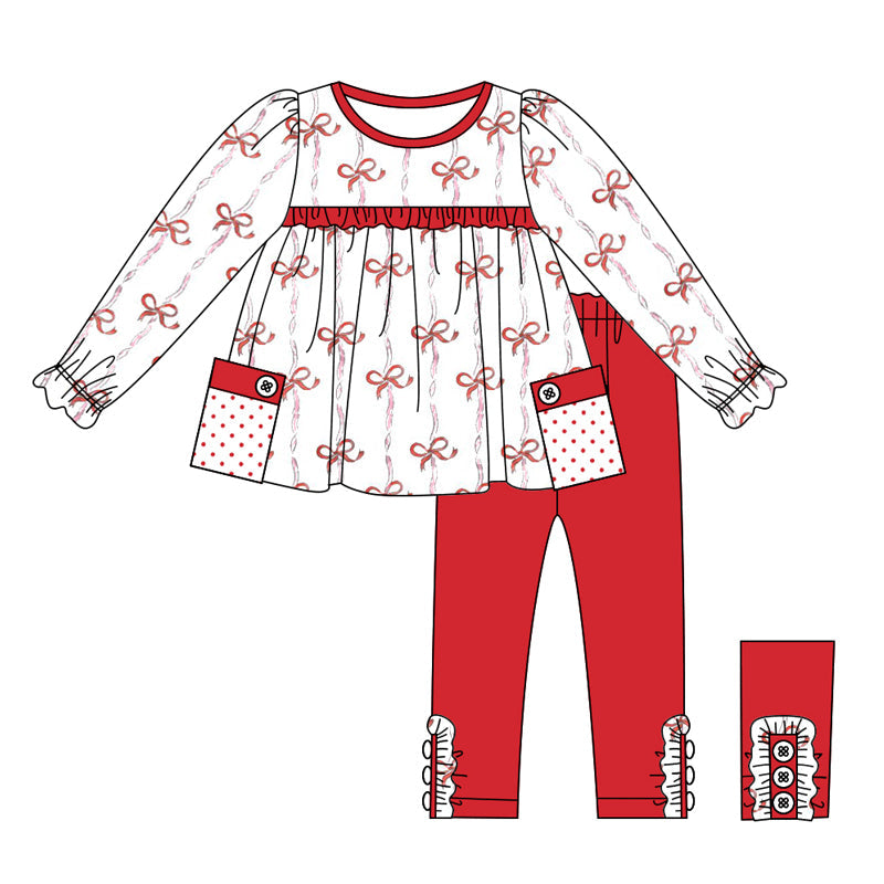 Pre-order Baby Girl Bows Pocket Tunic Red Cotton Pants Set