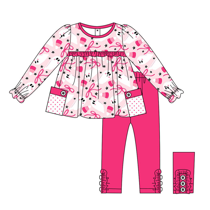 Pre-order Baby Girl Halloween Ghost Bows Tunic Pink Pants Set