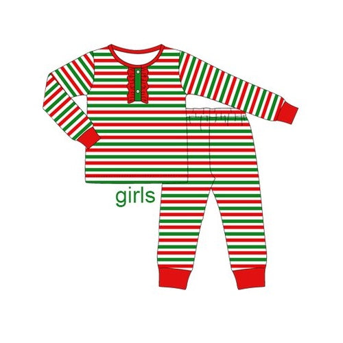 Pre-order Baby Girl Christmas Stripes Ruffle Shirt Pants Pajamas Set