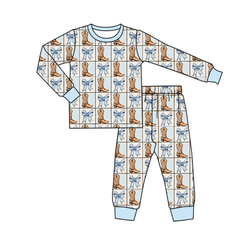 Pre-order Baby Girl Western Boots Blue Bows Shirt Pants Pajamas Set
