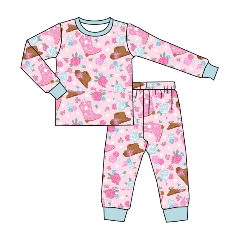Pre-order Baby Girl Boots Hat Flower Shirt Pants Pajamas Pink Set