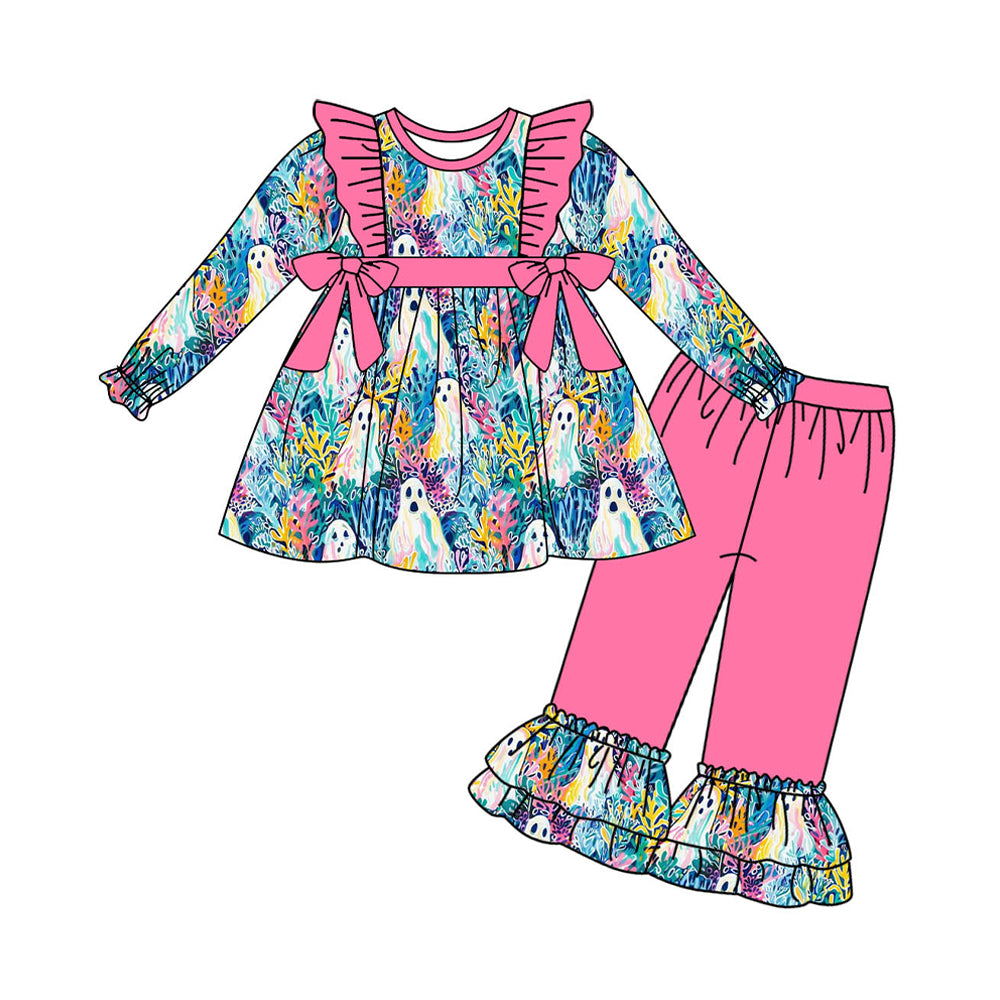 Pre-order Baby Girl Halloween Ghost Bows Tunic Pink Pants Set