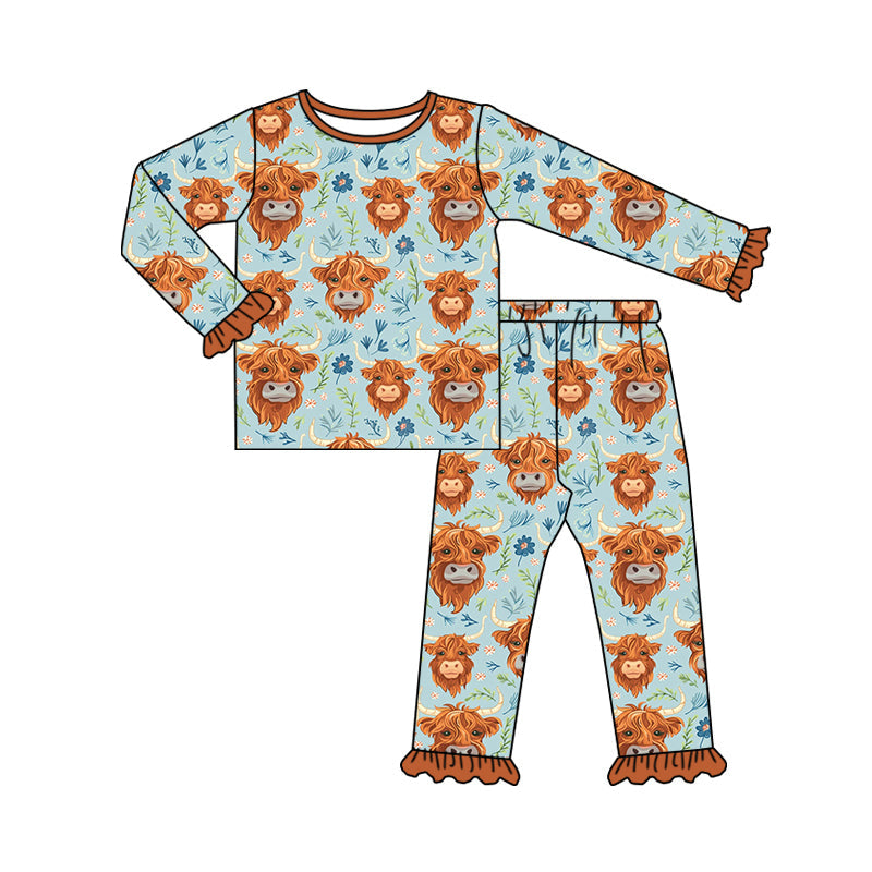 Pre-order Baby Girl Highland Cow Flower Shirt Pants Pajamas Set