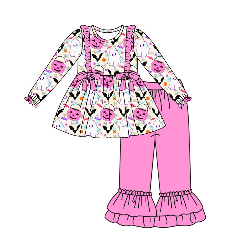 Pre-order Baby Girl Ghost Pumpkin Candy Tunic Pink Pants Halloween Set