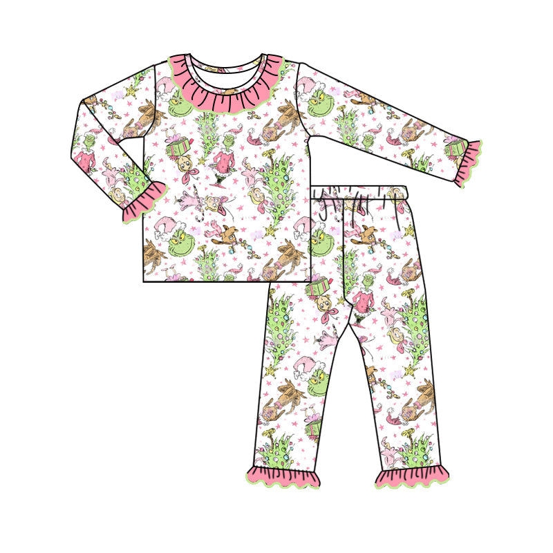 Pre-order Baby Girl Christmas Green Face Shirt Pants Pajamas Clothes Pink Set