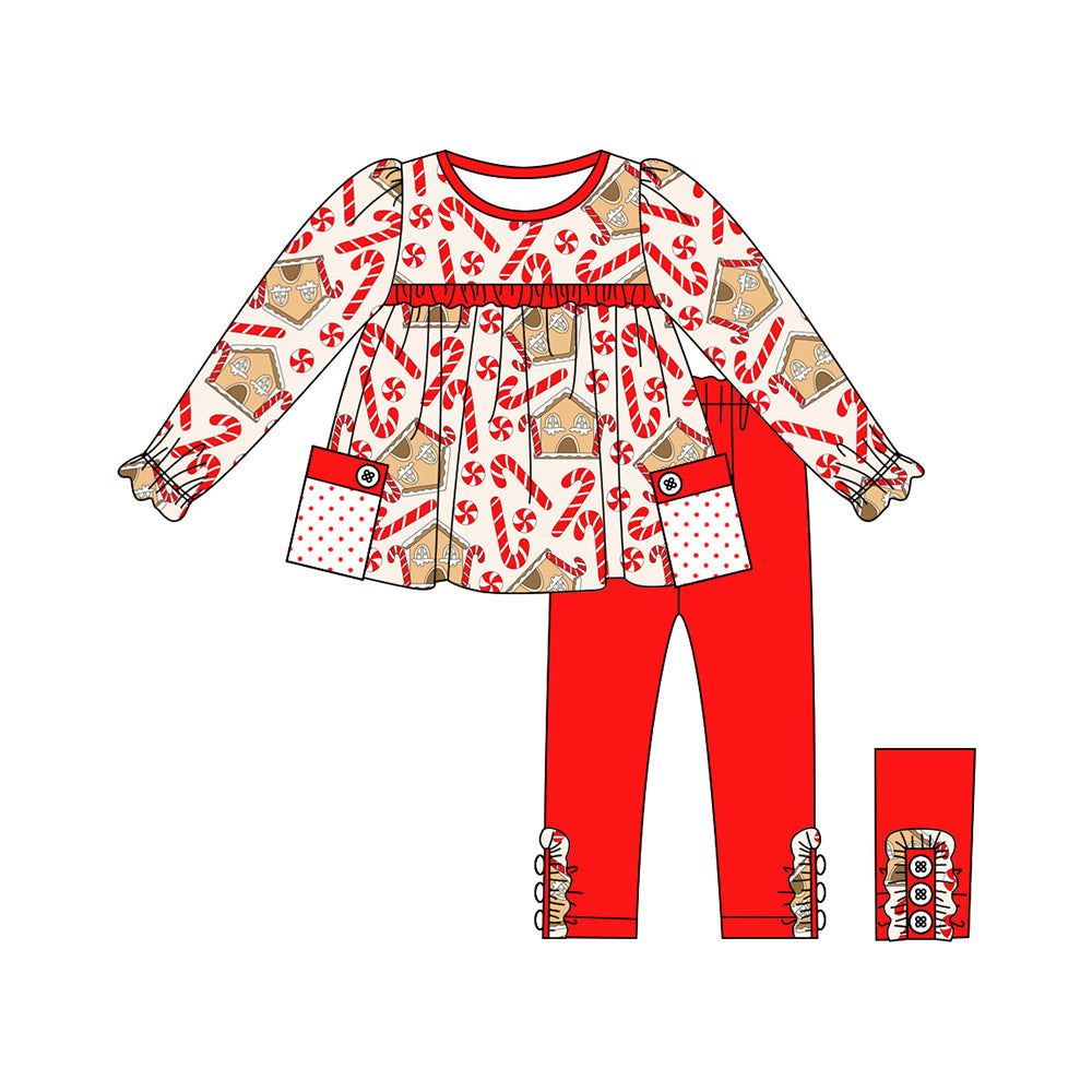 Pre-order Baby Girl Christmas Candy Cane Tunic Red Pants Clothes Set