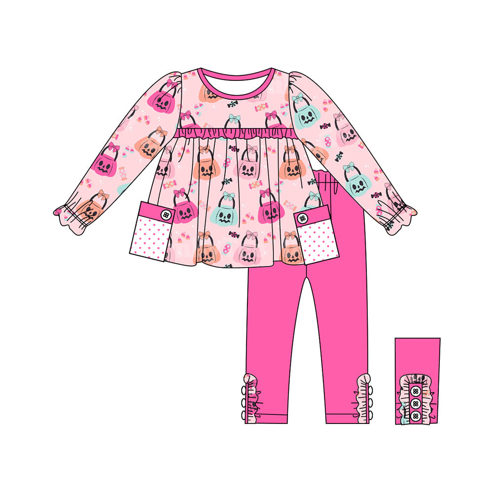 Pre-order Baby Girl Halloween Pumpkin Tunic Pink Pants Clothes Set