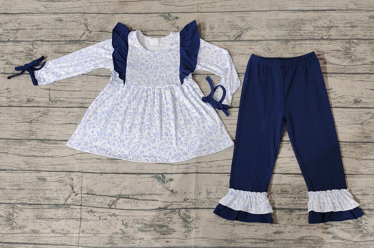 Pre-order Baby Girl Blue Flower Tunic Ruffle Pants Clothes Set