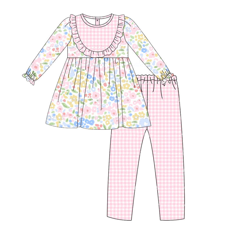 Pre-order Baby Girl Pink Blue Flowers Tunic Pants Clothes Set