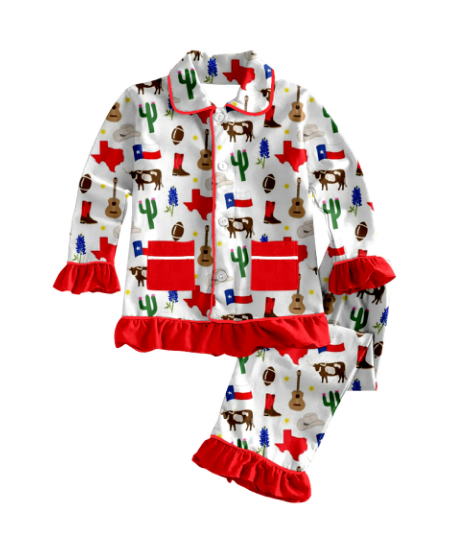 Pre-order Baby Girl Texas Cactus Cow Pocket Buttons Top Pants Pajamas Clothes Set