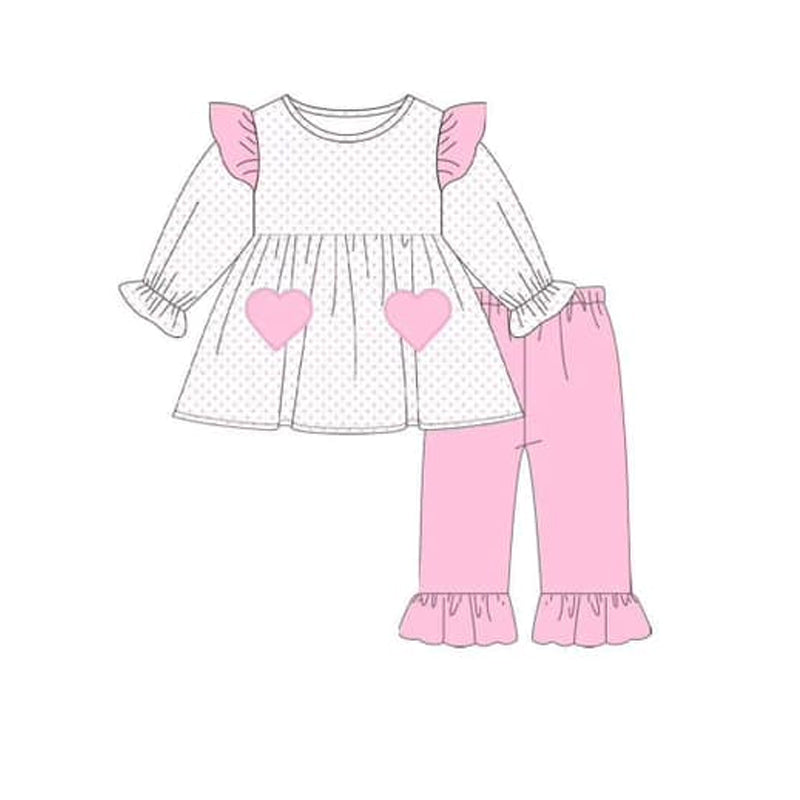 Pre-order Baby Girl Christmas Dots Hearts Top Ruffle Pink Pants Outfit Clothes Set