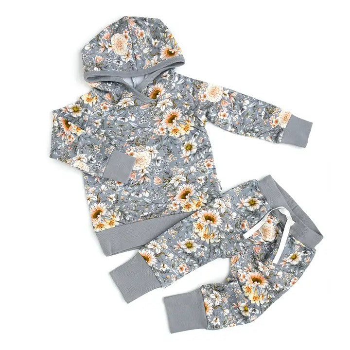 Pre-order Baby Girl Flower Hoodie Shirt Pants Grey Outfit Clothes Set