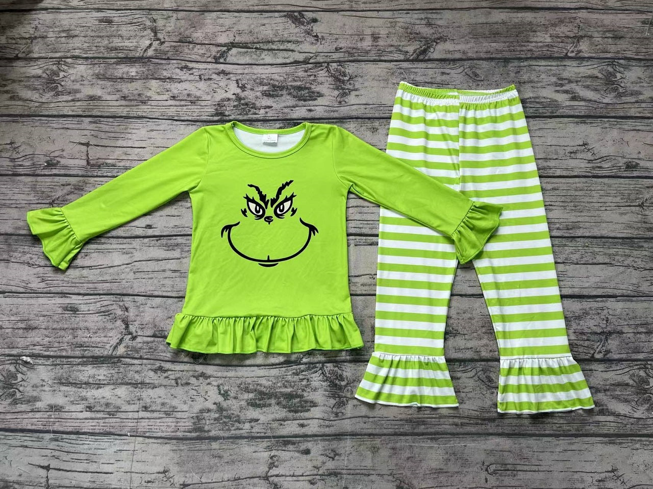 Baby Girl Long Sleeves Christmas Green Face Shirt Ruffle Pants Outfit Set