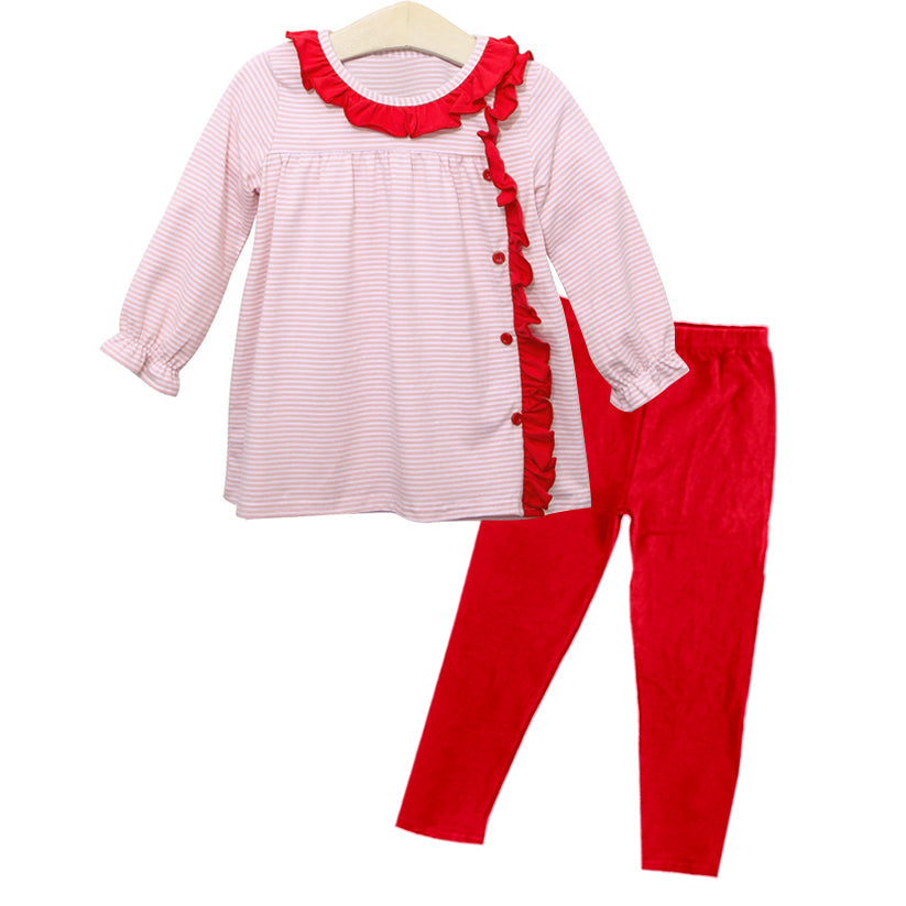 Pre-order Baby Girl Christmas Stripes Ruffle Tops Red Pants Clothes Set