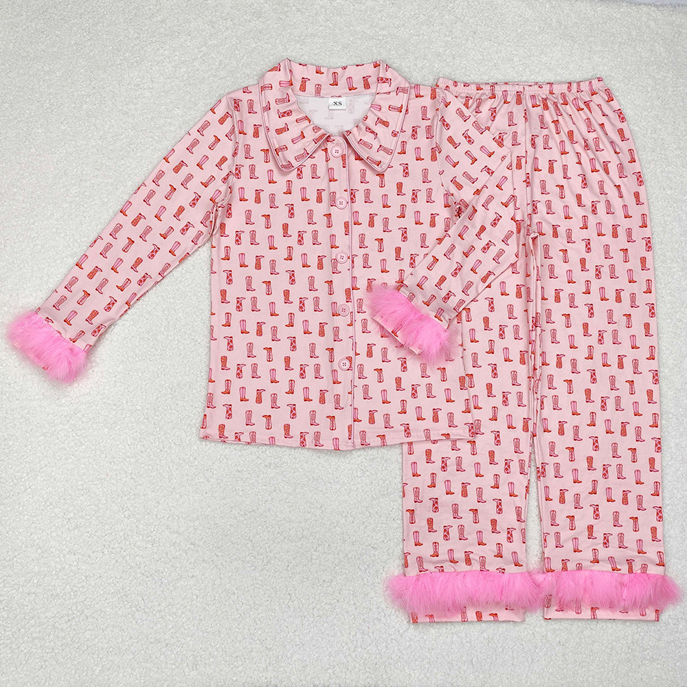 Mommy and Me Baby Girl Western Boots Fur Sibling Family Pink Romper Pajamas Set