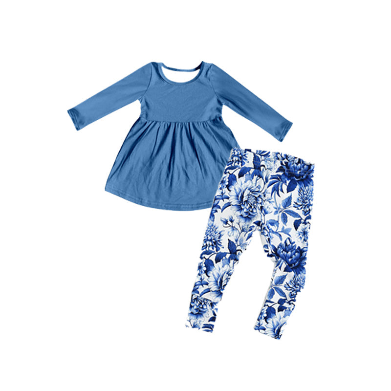 Pre-order Baby Girl Long Sleeves Blue Tunic Floral Legging Clothes Set