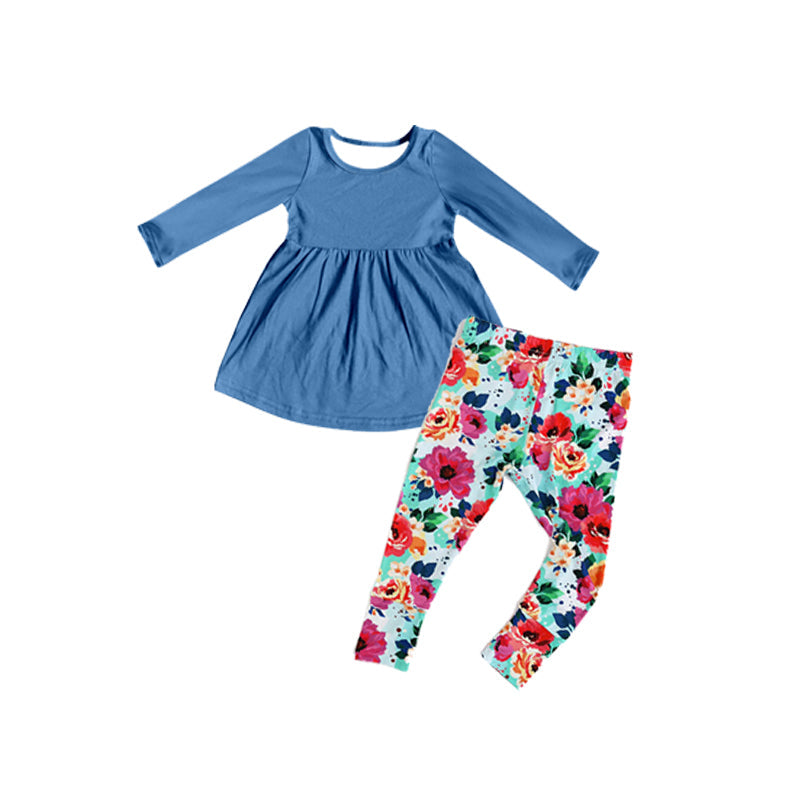 Pre-order Baby Girl Blue Tunic Floral Legging Clothes Set