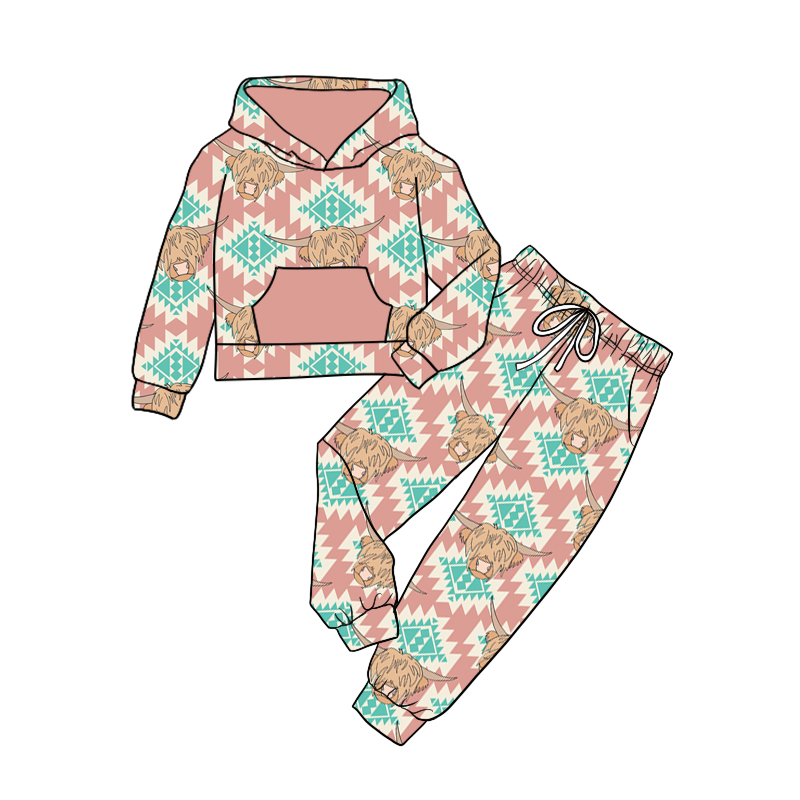 Pre-order Baby Girl Western Aztec Hoodie Pocket Shirt Pants Clothes Set