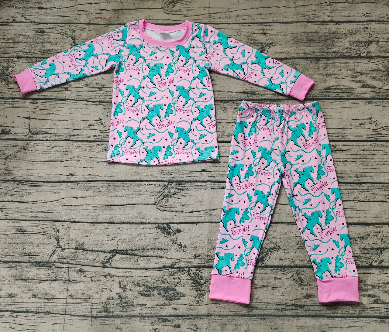 Baby Girl Long Sleeves Western Cowgirl Horse Shirt Pants Pajamas Clothes Set
