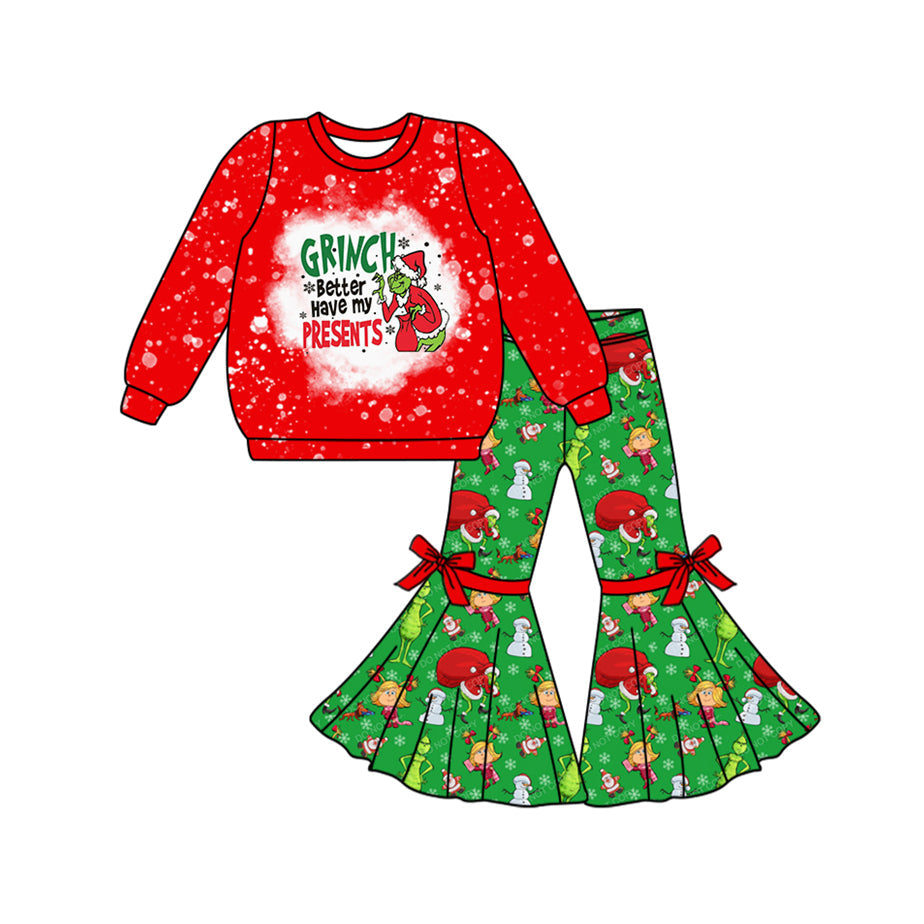 Pre-order Baby Girl Christmas Face Red Tops Green Bell Pants Clothes Set