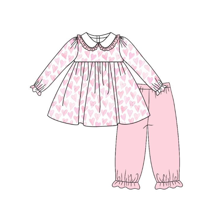 Pre-order Baby Girl Valentines Pink Hearts Tunic Ruffle Pants Clothes Set