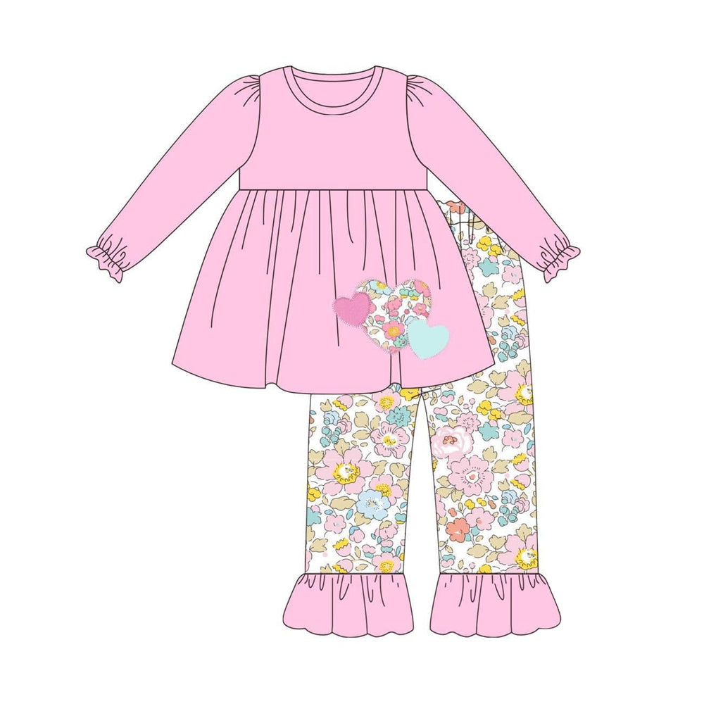 Pre-order Baby Girl Valentines Heart Pink Tops Ruffle Floral Pants Clothes Set