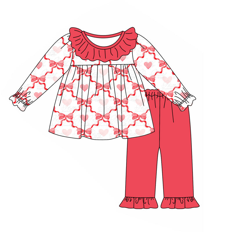 Pre-order Baby Girl Valentines Hearts Bows Tunic Ruffle Pants Clothes Set