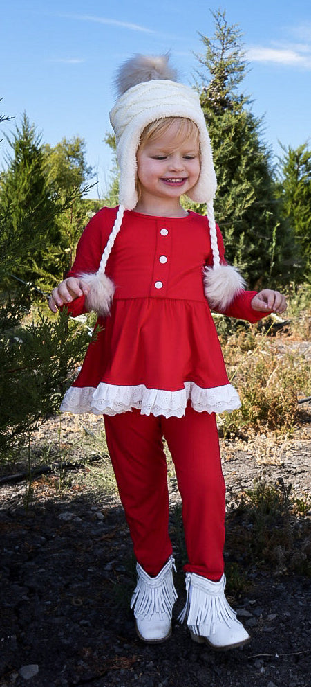 Pre-order Baby Girl Christmas Red Ruffle Tunic Pants Clothes Set