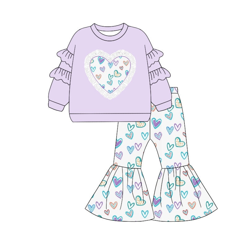 Pre-order Baby Girl Hearts Purple Shirt Bell Pants Clothes Set