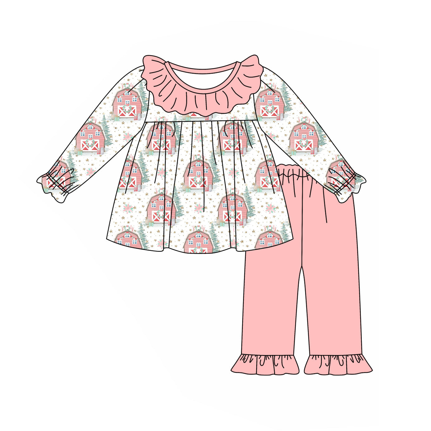 Pre-order Baby Girl Long Sleeves Farm House Flower Tunic Pink Pants Christmas Set