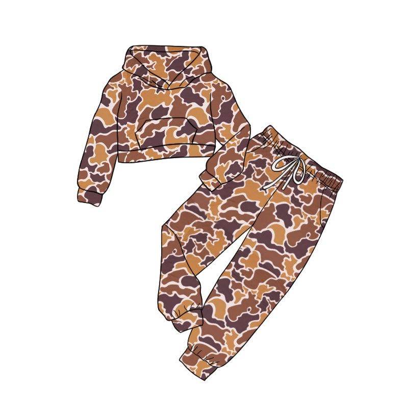 Pre-order Baby Kids Toddler Brown Camo Hoodie Shirt Pants Clothes Set