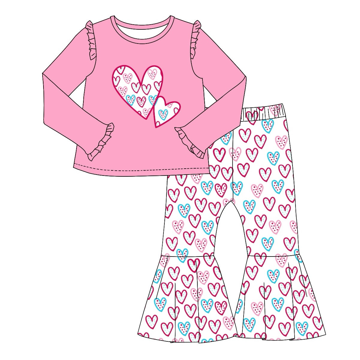 Pre-order Baby Girl Valentines Hearts Pink Shirt Bell Pants Clothes Set